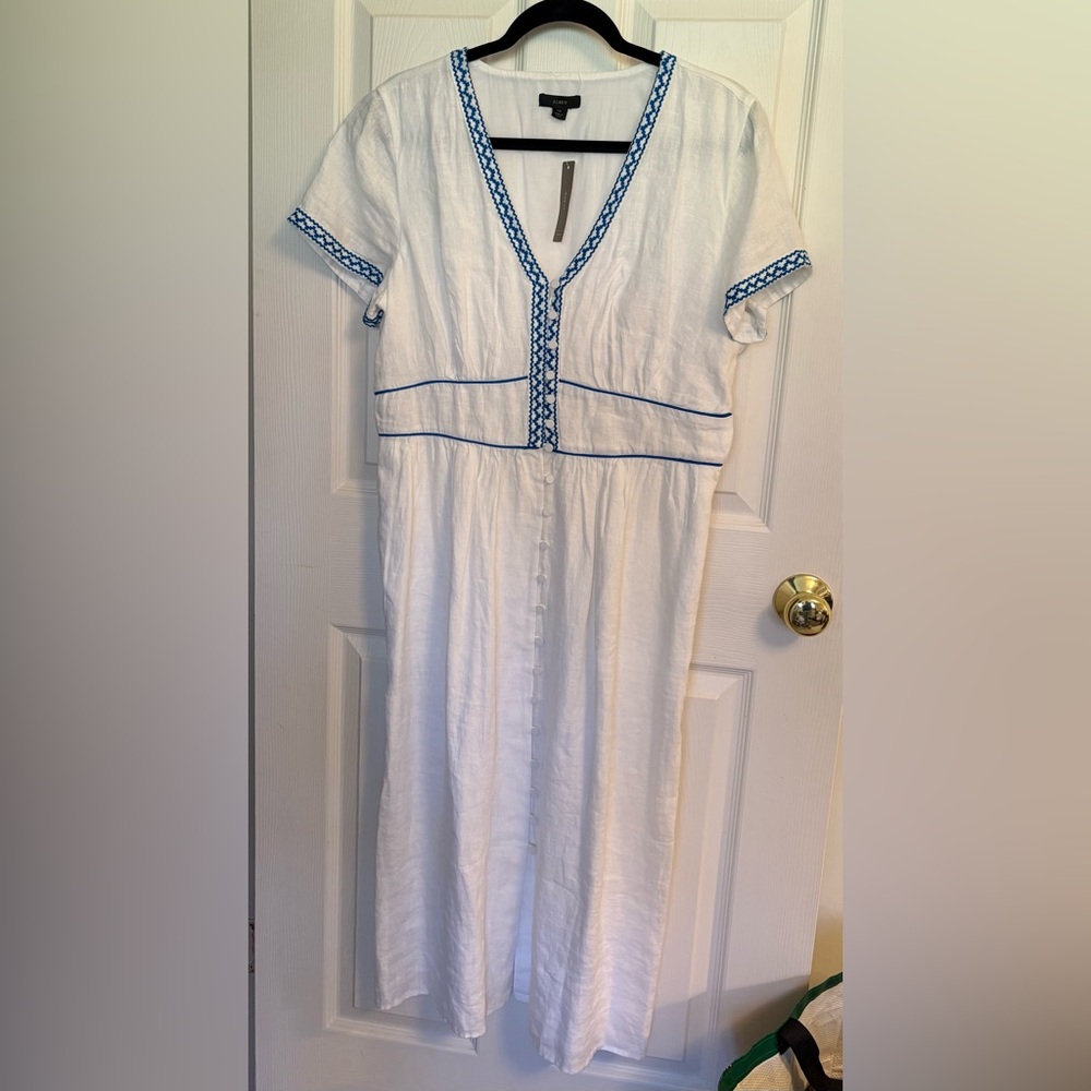 J.Crew White V-Neck Embroidered Midi Dress with Blue Trim